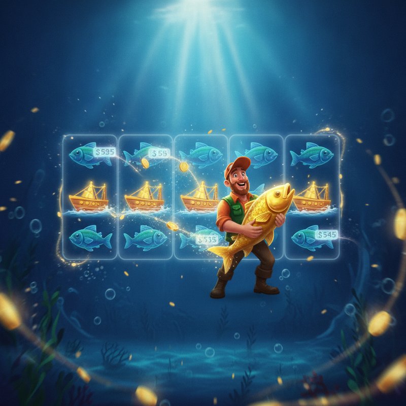 Fishin Frenzy free games feature with fisherman wild collecting fish prize values on screen