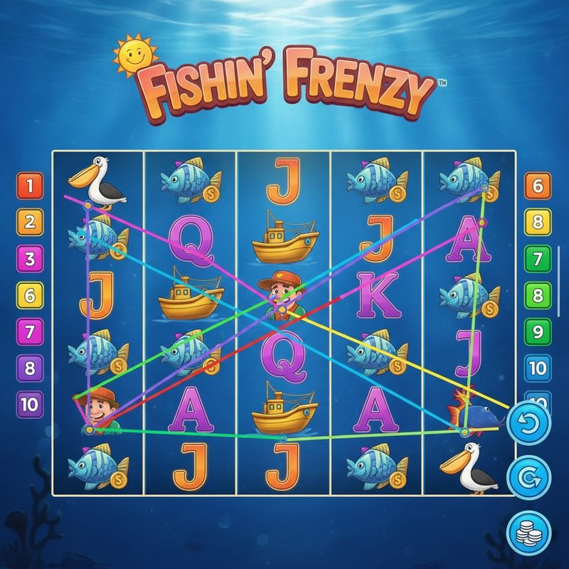 Fishin Frenzy gameplay showing coloured paylines active across the five by three reel grid