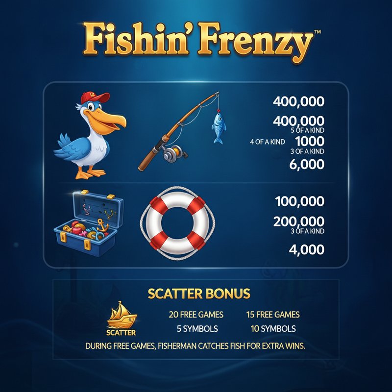 Fishin Frenzy paytable showing pelican, fishing rod, life preserver and tackle box symbol payouts